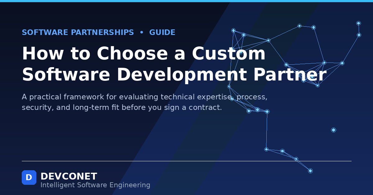 Header graphic for "How to Choose a Custom Software Development Partner" — Devconet, Intelligent Software Engineering